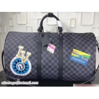 Sumptuous Louis Vuitton LV League Damier Graphite Canvas Keepall 55 Bandouliere Bag N41058 2017