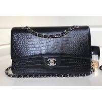 AAAAA Chanel Alligator Textured Pattern Classic Flap Bag A01112 Black 2019