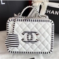 Well Crafted Chanel CC Filigree Grained Vanity Case Bag Striped Pattern A93343 White 2019