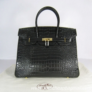 Hermes Birkin 35cm Max Crocodile Veins Leather Bag Black 6089 Gold Hardware