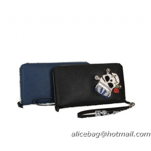 Prada Saffiano Leather Zippy Wallet 8516 Black&Blue