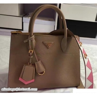 Inexpensive Prada Paradigme Saffiano And Calf Leather Bag 1BA102 Cameo/Begonia With Embellishments On The Shoulder Strap