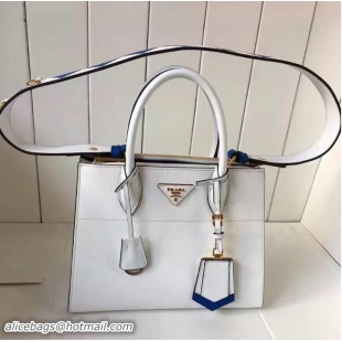 Buy Fashionable Prada Paradigme Saffiano And Calf Leather Bag 1BA103 White/Sea Blue With Embellishments On The Shoulder
