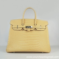 Hermes Birkin 35cm Crocodile Veins Leather Bag Yellow 6089 Silver Hardware