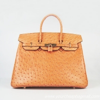 Hermes Birkin 35cm Ostrich Veins Handbag Light Orange 6089 Gold Hardware