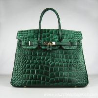 Hermes Birkin 35cm Max Crocodile Veins Leather Bag Dark Green 6089 Gold Hardware
