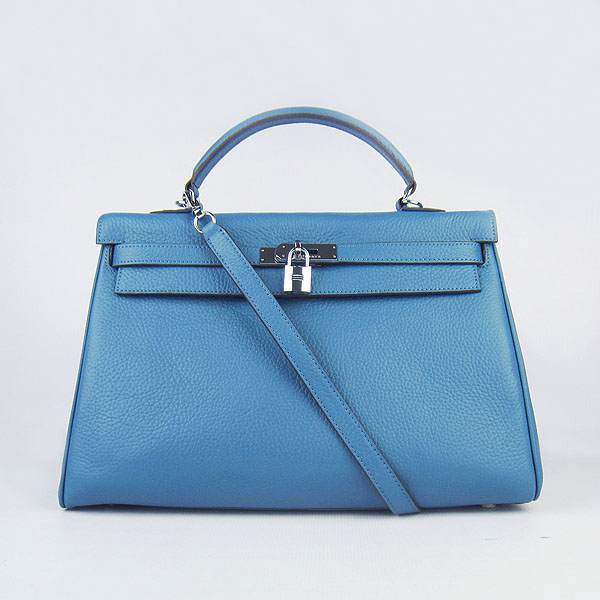 Hermes Kelly 35cm Togo Leather Bag Blue 6308 Silver Hardware