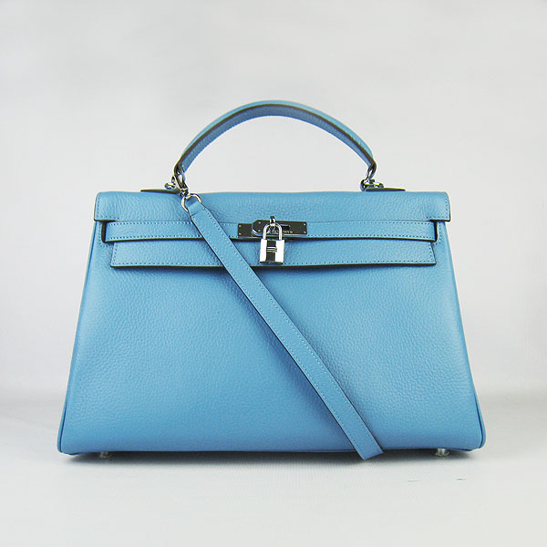 Hermes Kelly 35cm Togo Leather Bag Light Blue 6308 Silver Hardware
