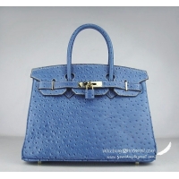 Hermes Birkin 30cm Ostrich Veins Handbag Blue 6088 Gold