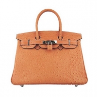Hermes Birkin 30cm Ostrich Veins Handbag Orange 6088 Silver
