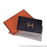 Discount Hermes Constance Long Wallets Calfskin Leather H6023 Black Gold