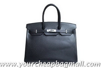 Hand Held Hermes Birkin 35CM Tote Bag Black Clemence Leather H6089 Silver