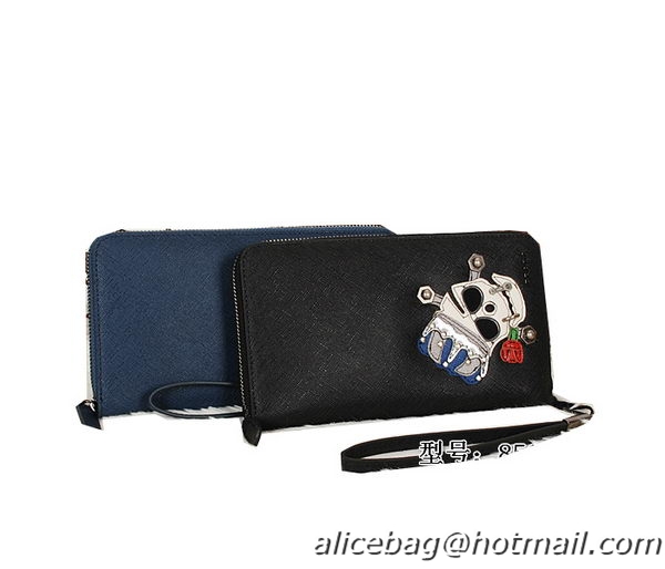 Prada Saffiano Leather Zippy Wallet 8516 Black&Blue