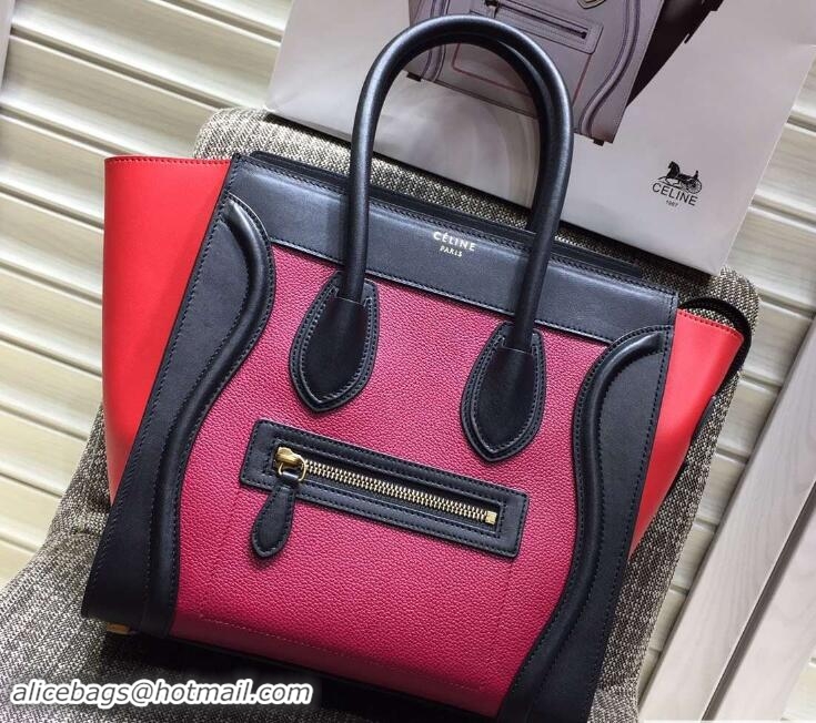 Sophisticated Celine Luggage Micro Tote Bag in Original Leather Black/Grained Fushia/Red 703099