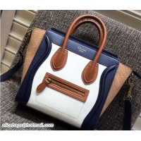 Best Price Celine Luggage Nano Tote Bag in Original Leather Navy Blue/White/Crinkle Apricot 7031101