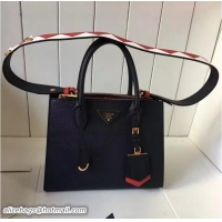 Luxury Cheap Prada Paradigme Saffiano And Calf Leather Bag 1BA103 Baltic Blue/Red With Embellishments On The Shoulder St