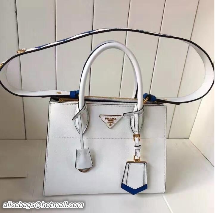 Buy Fashionable Prada Paradigme Saffiano And Calf Leather Bag 1BA103 White/Sea Blue With Embellishments On The Shoulder
