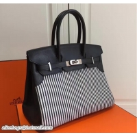 AAAAA Hermes Mini Birkin 30cm Bag in Original Canvas Swift Leather H60414 Striped Black