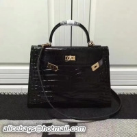 Sumptuous Hermes Kelly 28cm Shoulder Bag Croco Leather K28 Black