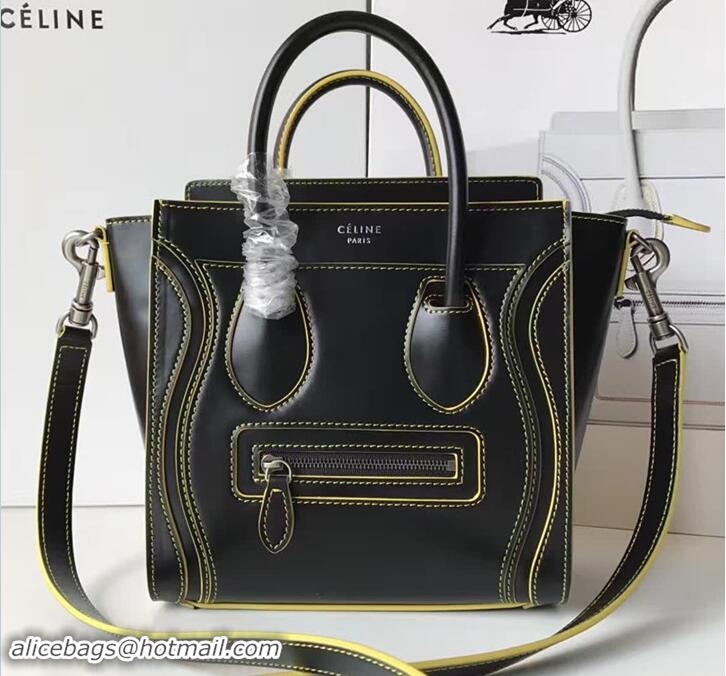 Good Celine Luggage Nano Tote Bag In Original Calfskin Leather Black/Yellow 71901