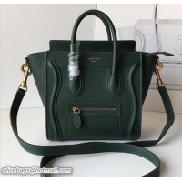 Classic Celine Luggage Nano Tote Bag In Grained Leather Dark Green 71901