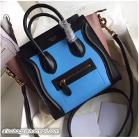 Good Looking Celine Luggage Nano Tote Bag In Original Leather Grained Blue/Black/Camel 72025