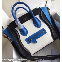 Most Popular Celine Luggage Nano Tote Bag In Original Leather Grained White/Black/Blue 72025