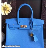 Stylish Hermes Birkin 30 Bag In Original Epsom Leather With Gold/Silver Hardware 72306 Blue