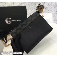 Fashion Prada Saffiano Leather Pouch With Intarsia Details Travel Kit 2NE009 Black/Dark Green