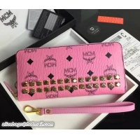 Traditional Discount MCM Studded Heritage Zip Around Large Wallet 81116 Pink