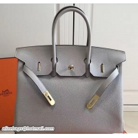 Luxury Hermes Clemence Leather Birkin 25cm Bag 81505 Light Gray with Gold Hardware