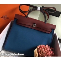 Well Crafted Hermes Canvas And Leather Her Bag Zip 31 Bag 12011 Turkey Blue/Burgundy