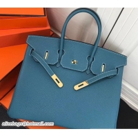 Shop Duplicate Hermes Clemence Leather Birkin 25 Bag Blue with Gold Hardware 327012