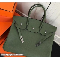 Stylish Hermes Clemence Leather Birkin 35 Bag Olive Green with Silver Hardware 327014