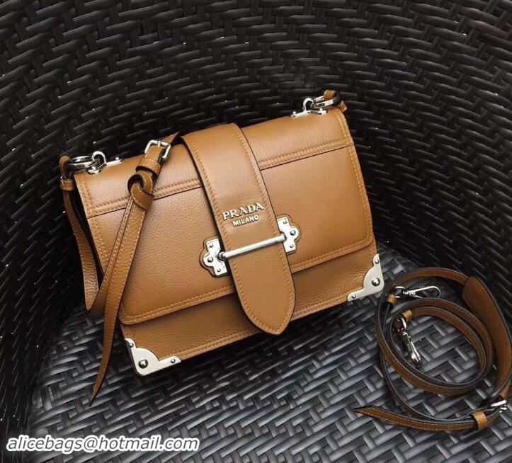 Discount Prada Cahier Leather Shoulder Bag 1BD095 Caramel/Silver 2018