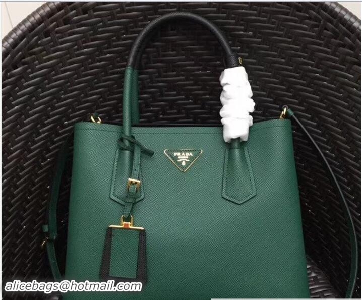 Luxury Prada Two-Tone Handles Saffiano Double Leather Bag 1BG775 Green/Black 2018