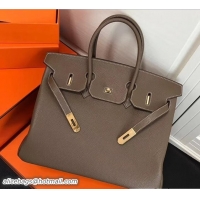 Best Product Hermes Clemence Leather Birkin 35cm Bag Etoupe with golden Hardware