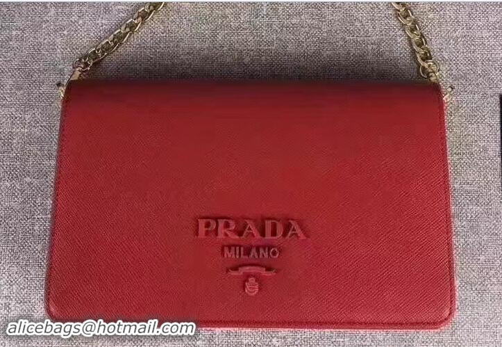 Discount Prada Saffiano Leather Matching Tone Metal Hardware Chain Wallet Bag 1BP012 Red 2018