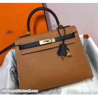 Luxury Cheap Hermes Kelly 28 cm Top Handle Bag in Epsom Leather 100202 Caramel Brown/Black