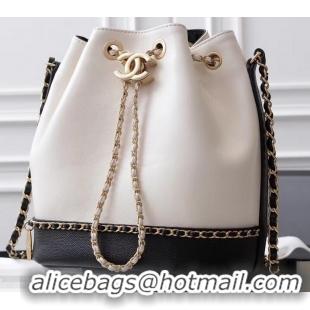 Charming Chanel Lambskin/Grained Calfskin Chain Around Drawstring Bucket Bag AS0373 Creamy/Black 2019 