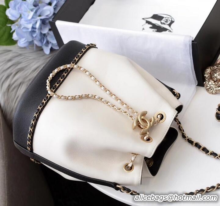 Charming Chanel Lambskin/Grained Calfskin Chain Around Drawstring Bucket Bag AS0373 Creamy/Black 2019 