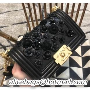 Perfect Chanel Camellia Embroidered Boy Small Flap Bag A40117 Black 2019