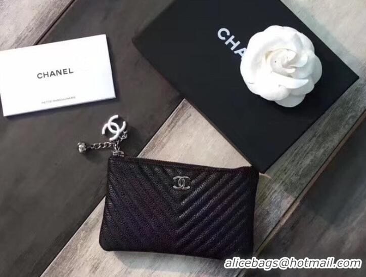 Good Quality Chanel Coin Purse 31504 Small Pouch Bag Chevron Caviar Leather Black