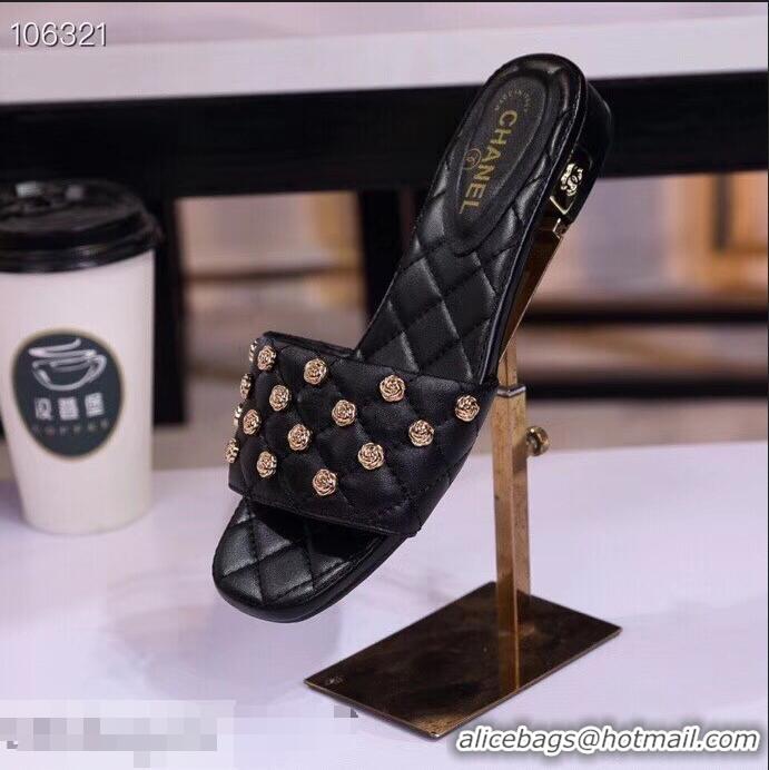 Charming Chanel Camellia Embellishment Mules Slipper Sandals G32631 Black 2019