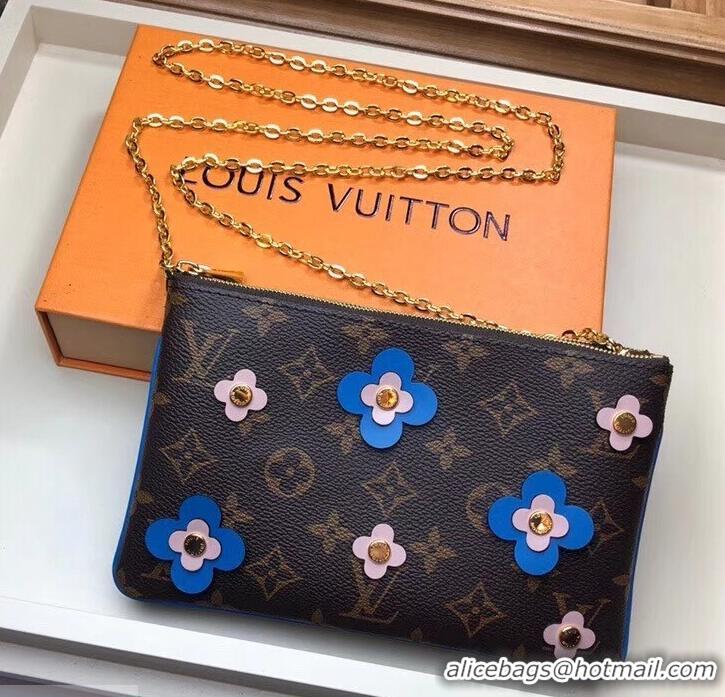 New Stylish Louis Vuitton Monogram Canvas Blooming Flowers Pochette Double Zip Bag M63905 Blue 2019 