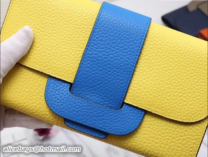 Good Looking Hermes Grained Calf Leather Flap Clutch H442112 Yellow/Blue