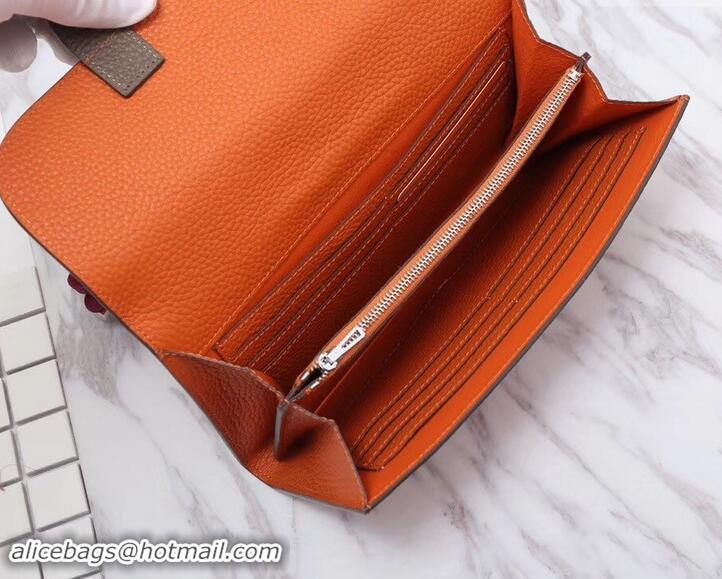 Discount Hermes Grained Calf Leather Flap Clutch H442112 Orange/Grey
