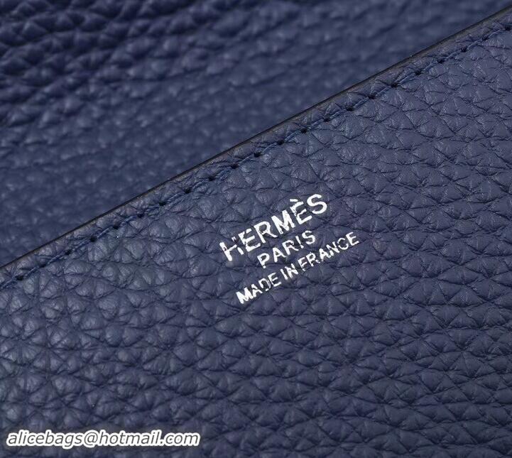 Classic Hot Hermes Grained Calf Leather Flap Clutch H442112 Navy Blue/Grey