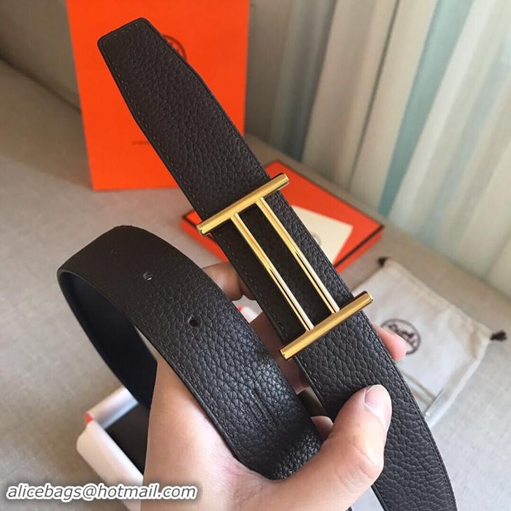 Grade Hermes Rider Belt Buckle & Reversible Leather Strap 32 mm HB1809 Black/Gold
