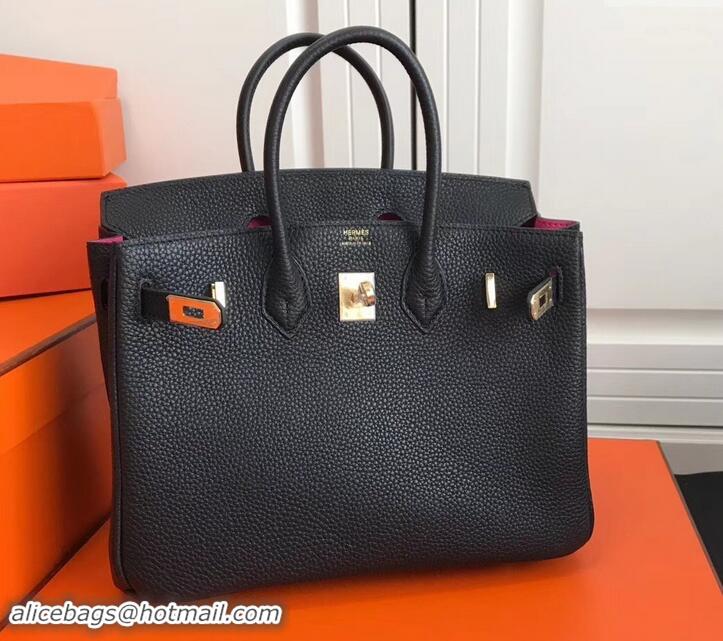 Imitation Cheap Hermes Birkin 25cm Bag Black/Fuchsia in Togo Leather With Gold Hardware 423012